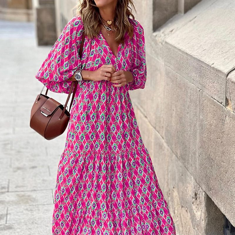Bohemian Print Long Sleeve Maxi Dress for Women Fashion Spring Style Flowy Long Dress