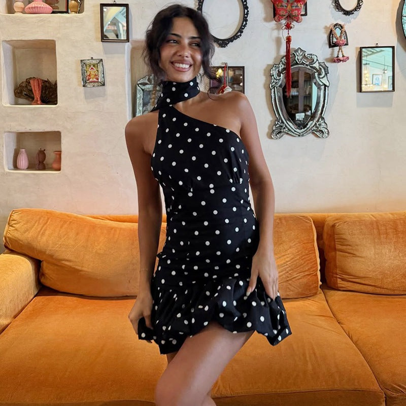 Polka Dot Sleeveless Ribbon Back Fitted Waist Dress