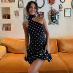 Polka Dot Sleeveless Ribbon Back Fitted Waist Dress