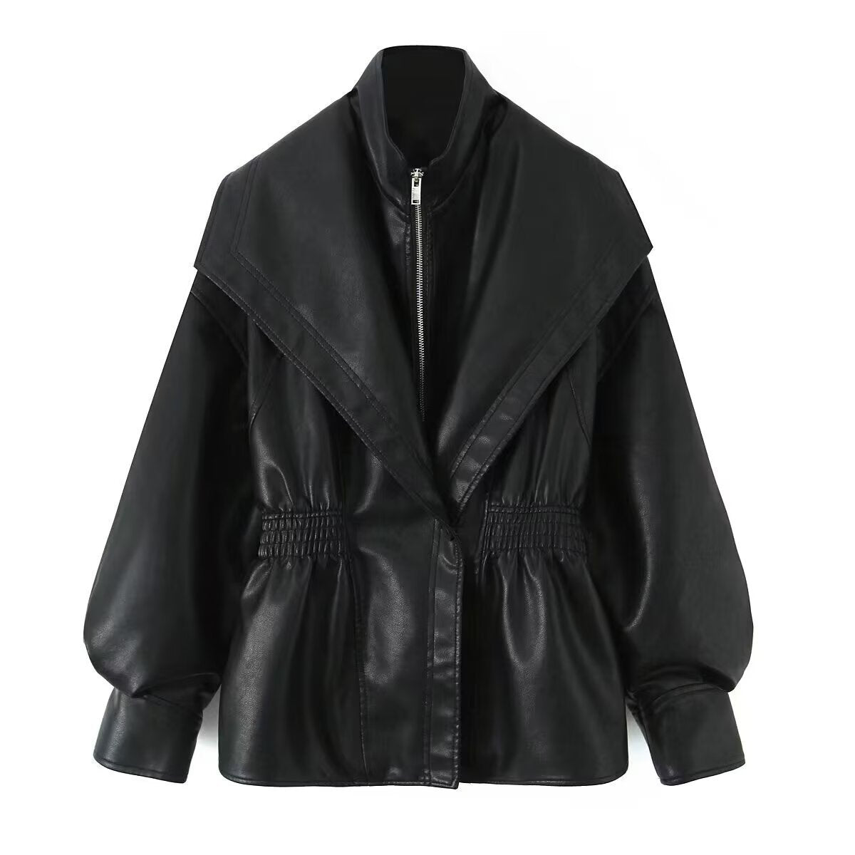 Edgy PU Leather Zipper Lapel Collar Fitted Jacket