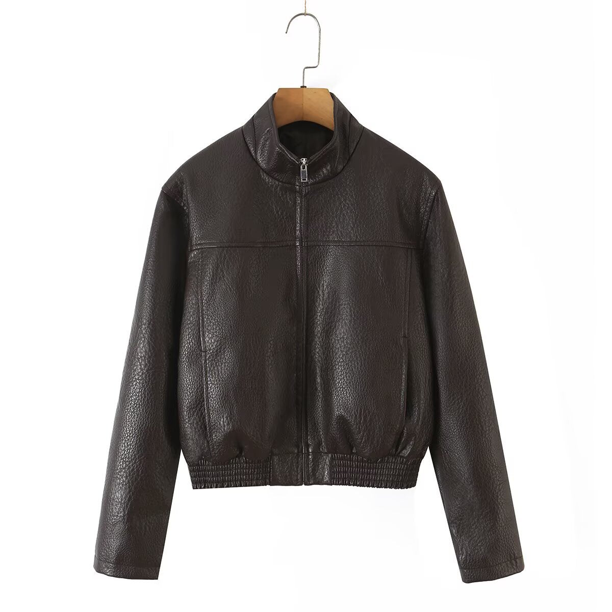 Long Sleeve PU Leather Zipper Lapel Loose Cropped Women's Jacket