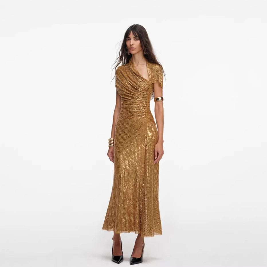Asymmetrical Shoulder Rhinestone Sleeveless Evening Dress