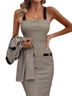 Slit Back Houndstooth Wide Strap Dress