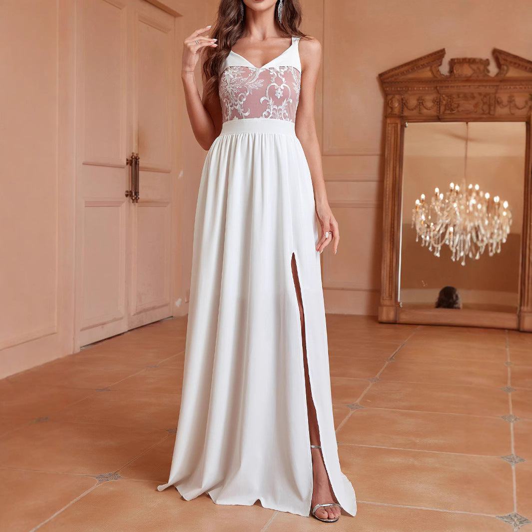 Backless Lace White Slit Evening Gown