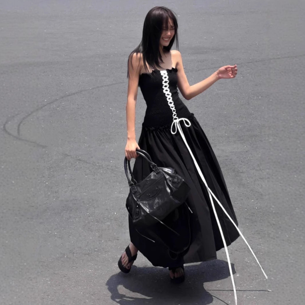 Strapless A-Line Tie-Waist Long Black Dress