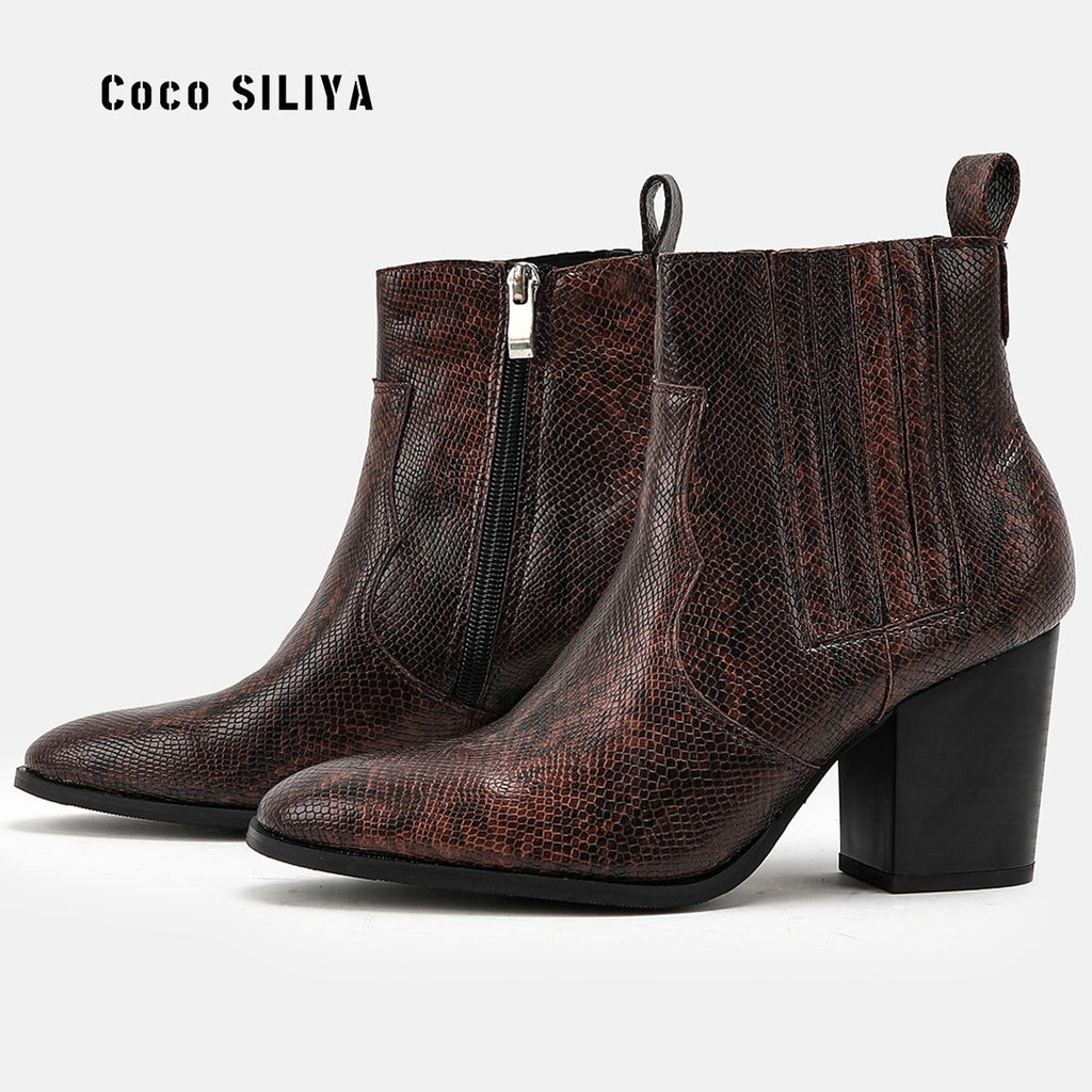 Large Size Short Boots British Style Martin Boots Thick With High Heel Pointed And Naked Boots Snakeskin Pattern