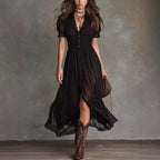 Cropped V-Neck Shirt Dress with Ruffled Hem and Side Slit, Dark Chic Style, Body-Con Fit, Long Skirt