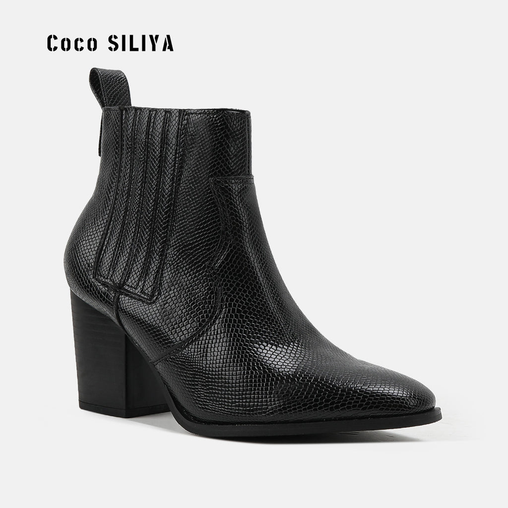 Large Size Short Boots British Style Martin Boots Thick With High Heel Pointed And Naked Boots Snakeskin Pattern