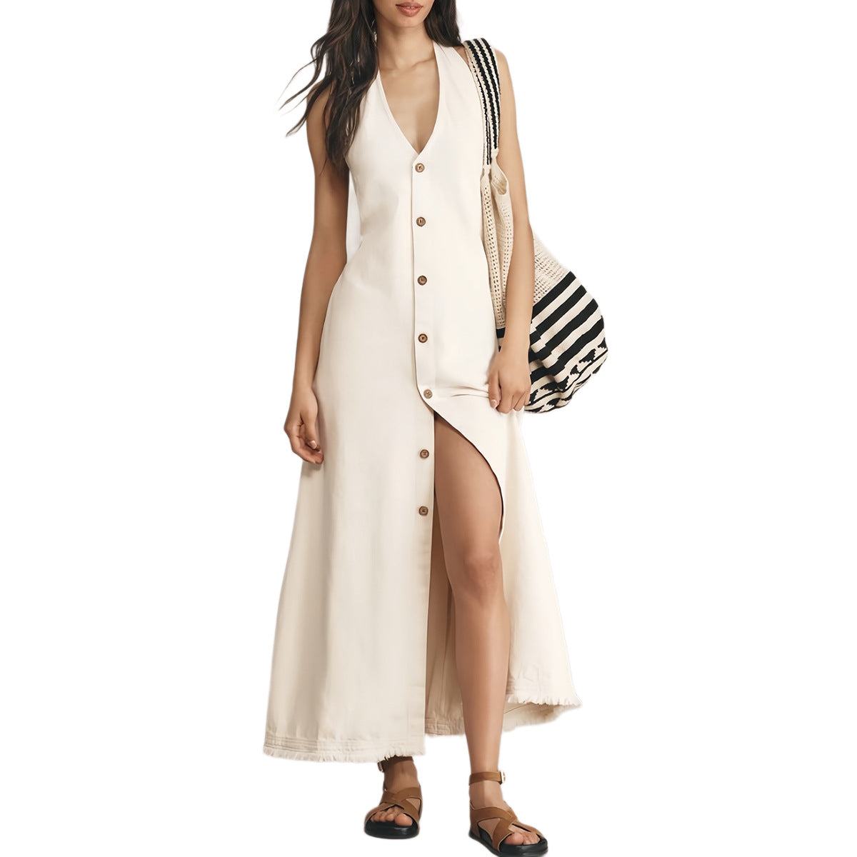 Elegant V-Neck Sleeveless White Long Dress for Women, Casual Office Style Single Button ClosureBackless Design