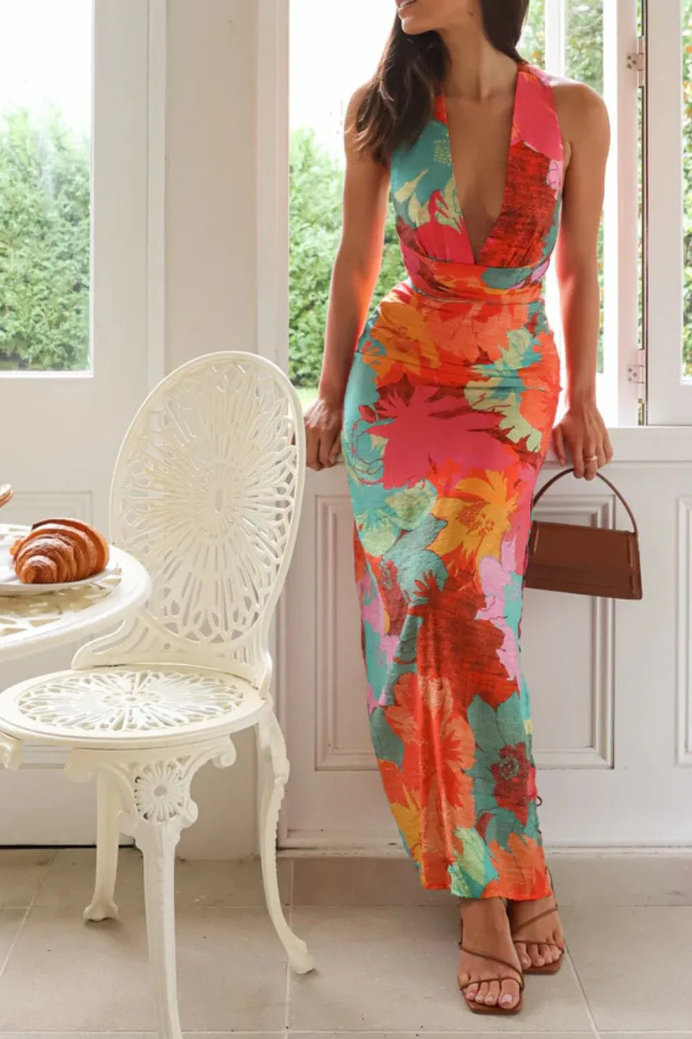 Split Crisscross Back Printed Plunge Maxi Dress