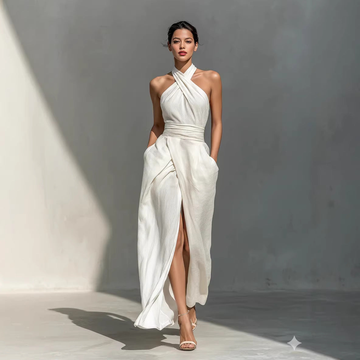 Sleeveless elegant slim fit pure white dress