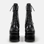 New super high heel square head large women's leather boots with strap and thick heel short boots double waterproof platform boots
