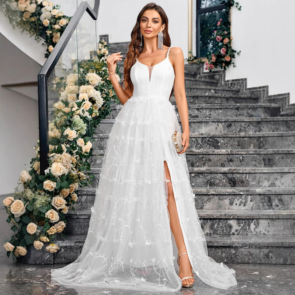 Summer new mesh dress V-neck back tie solid color elegant and graceful dress