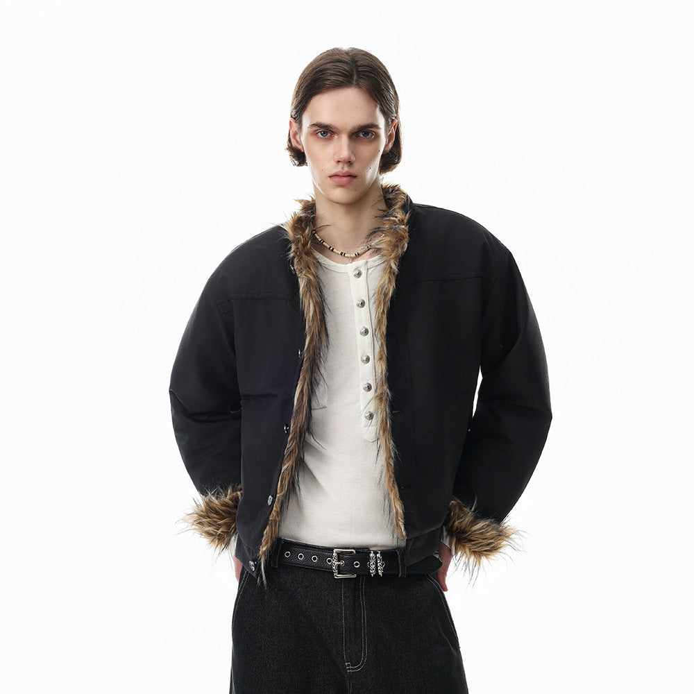 Men's  Casual Padded Jacket Button Closure Fur Trim Stand Collar Loose Fit Short Coat