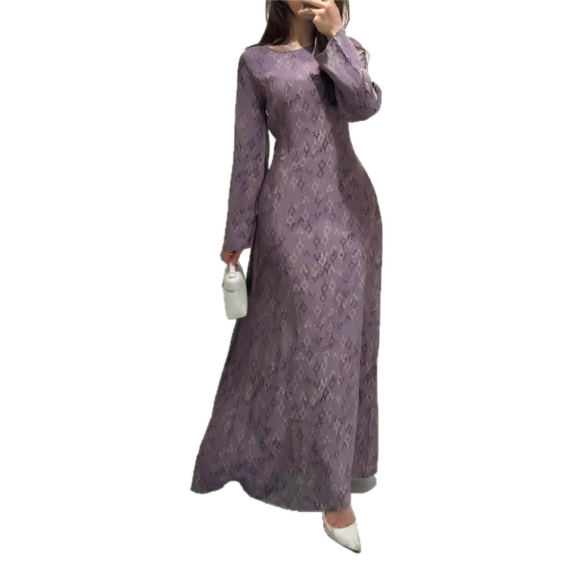 Vintage Style Long Sleeve Dress, Purple Slim Fit Maxi Dress, Waist-Cinching Women's Dress for Export