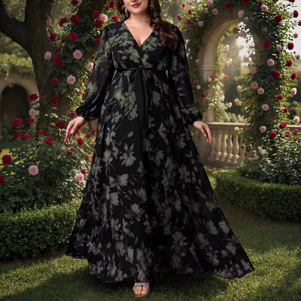 Oversize Printed Bohemian V-Neck Long Sleeve Flared Elegant Dress