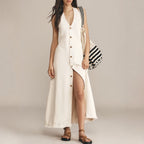 Elegant V-Neck Sleeveless White Long Dress for Women, Casual Office Style Single Button ClosureBackless Design