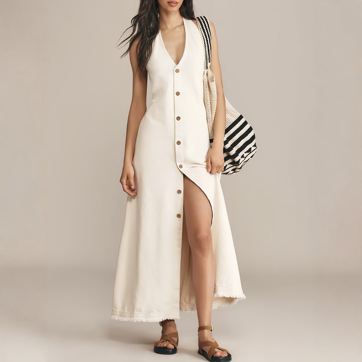 Elegant V-Neck Sleeveless White Long Dress for Women, Casual Office Style Single Button ClosureBackless Design