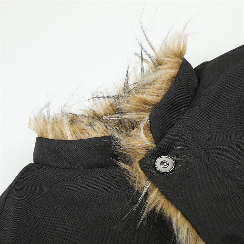 Men's  Casual Padded Jacket Button Closure Fur Trim Stand Collar Loose Fit Short Coat