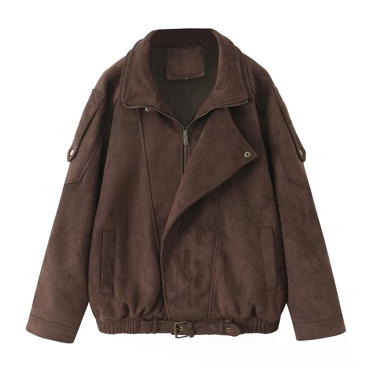 Casual Maillard Long Sleeve Suede Zipper Lapel Oversized Motorcycle Jacket for Women