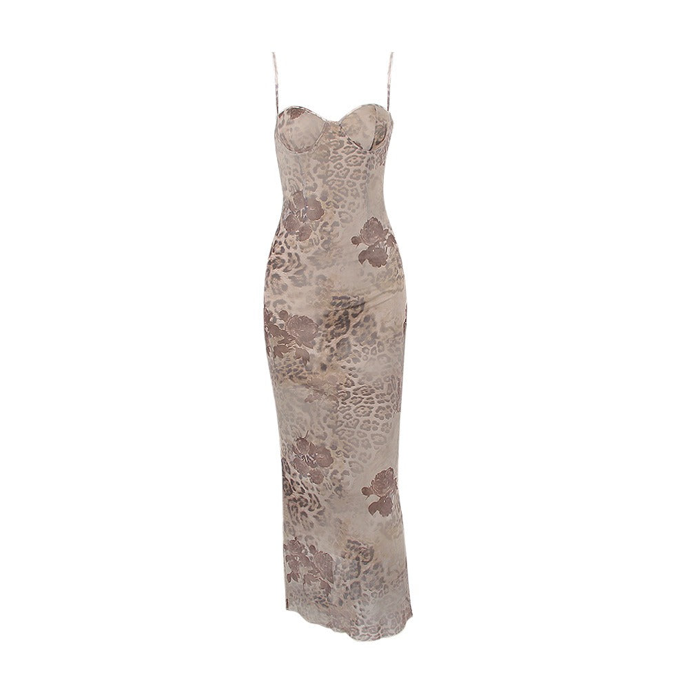 Mesh Printed Suspender Open Back Long Dress