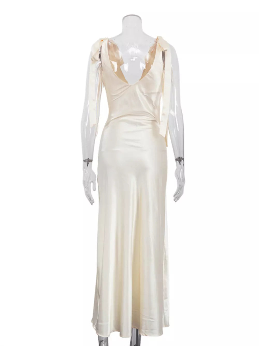 Satin Tie Shoulder Deep V-Neck Dress