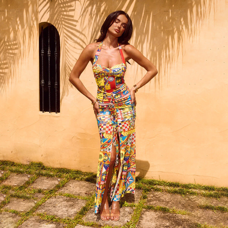 Chic Printed Halter Tie-Back Backless Casual Fashion Bodycon Dress