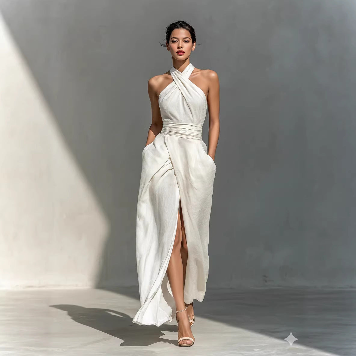 Sleeveless elegant slim fit pure white dress