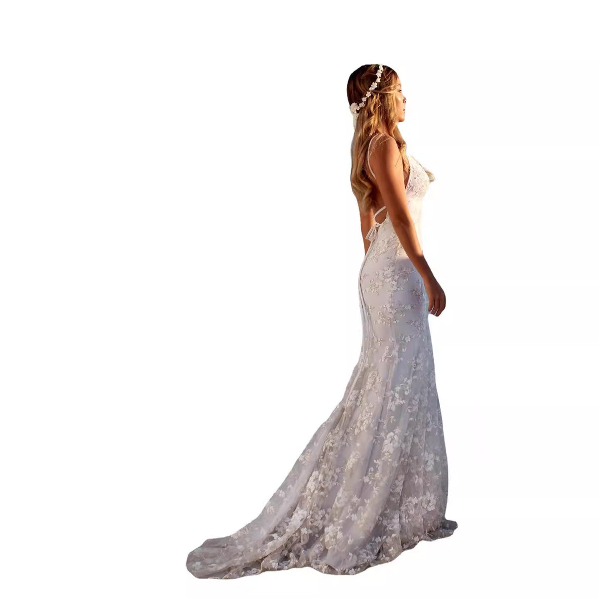 Elegant V-Neck White Strap Long Evening Gown