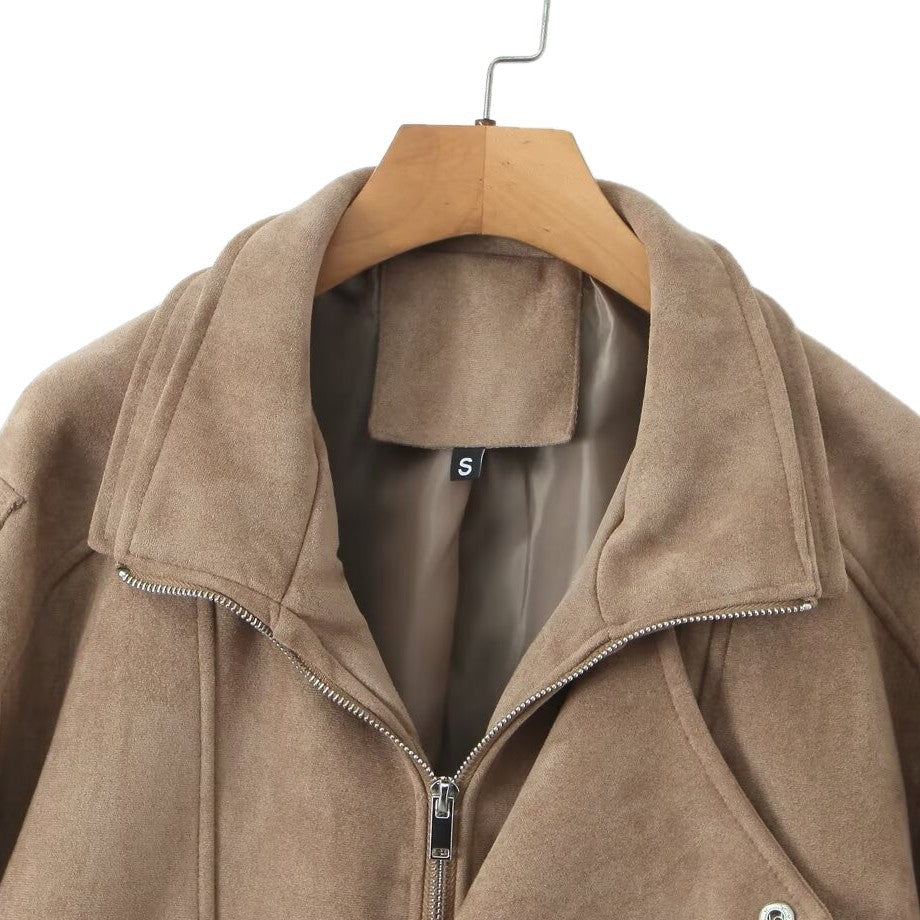 Casual Maillard Long Sleeve Suede Zipper Lapel Oversized Motorcycle Jacket for Women