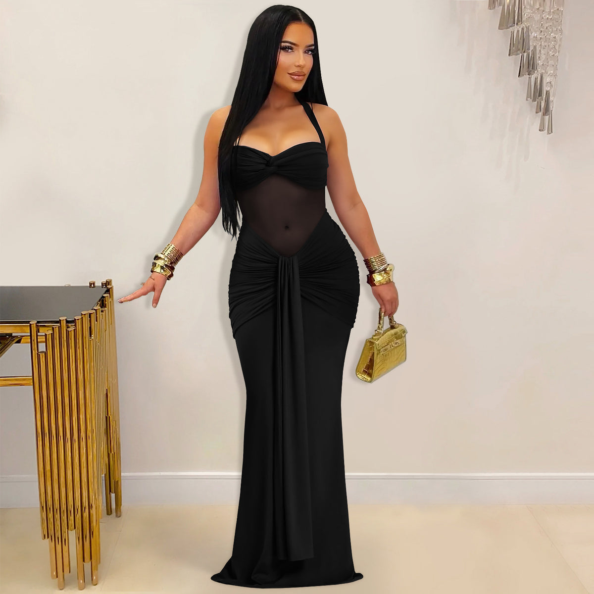 Sheer Mesh Halter Tie-Back Dress