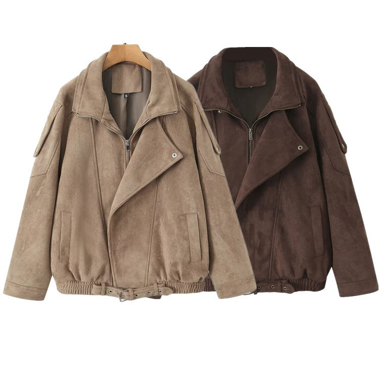 Casual Maillard Long Sleeve Suede Zipper Lapel Oversized Motorcycle Jacket for Women