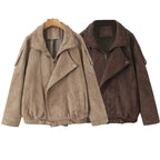 Casual Maillard Long Sleeve Suede Zipper Lapel Oversized Motorcycle Jacket for Women