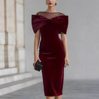 Chic Office Women's One-Shoulder Off-the-Shoulder Velvet Dress with Gold Thread