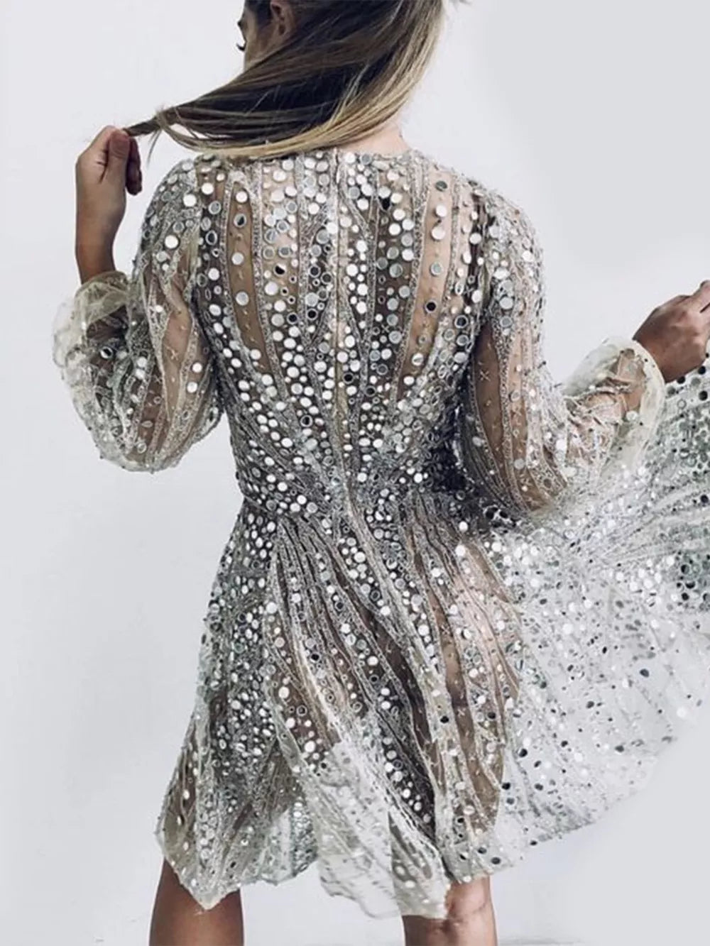 Sequin Deep V-Neck Mini Dress