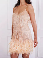 Full Size Sequin and Feather Fringe Mini Dress Plus Size