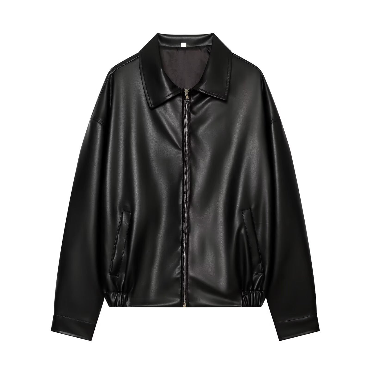 Women's solid color casual lapel long sleeved zipper imitation leather jacket
