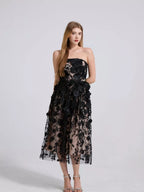 Floral Applique Strapless Midi Dress