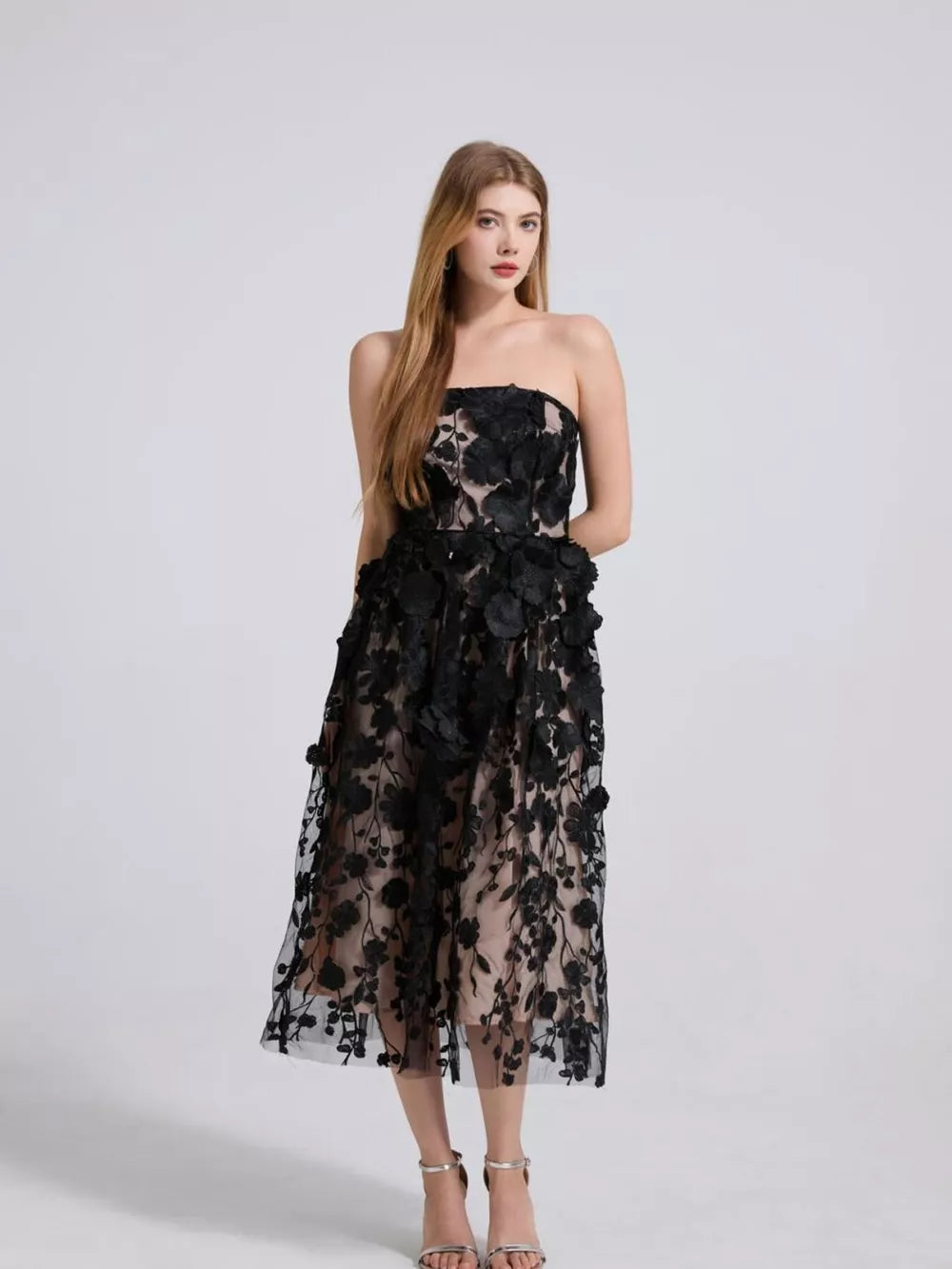 Floral Applique Strapless Midi Dress