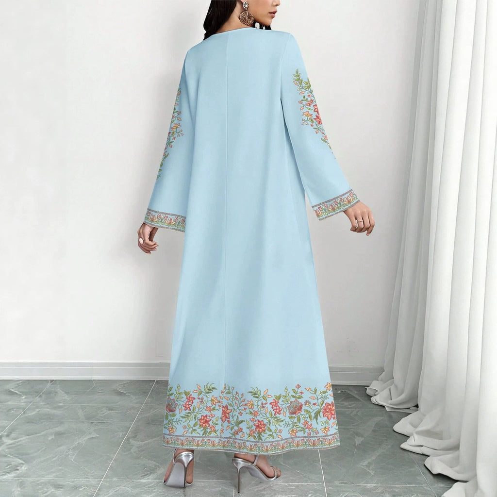 Women's Plant Flower Printed Fashion Casual Loose Horn V-neck Long Dress for Women