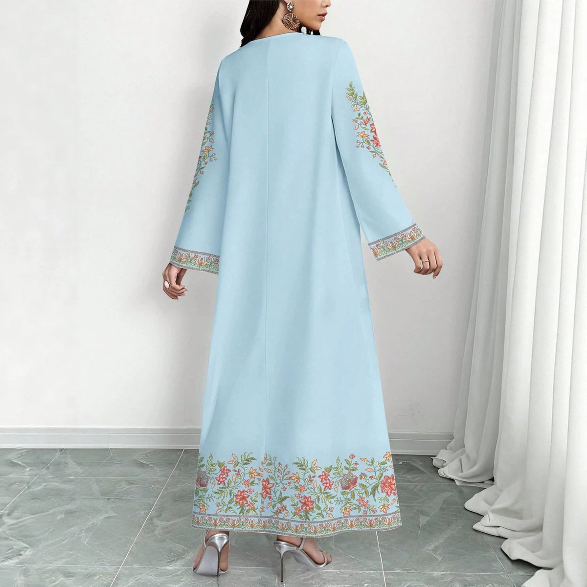 Women's Plant Flower Printed Fashion Casual Loose Horn V-neck Long Dress for Women