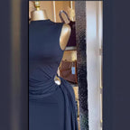 Pleated Sleeveless Ribbon Tie Metal Buckle Maxi Dress