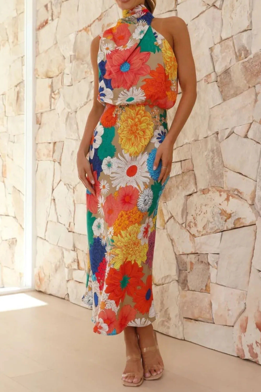 Floral Tied Back Sleeveless Midi Dress