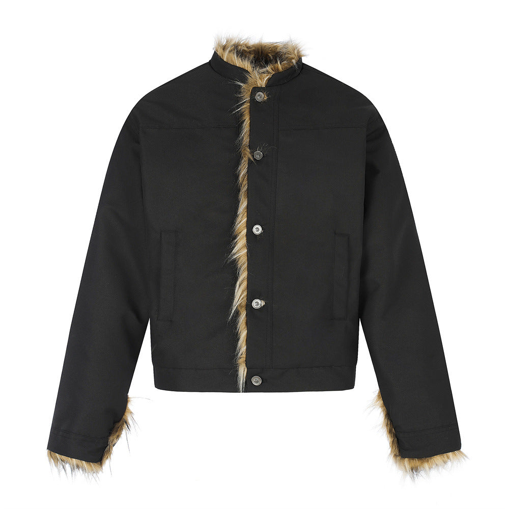 Men's  Casual Padded Jacket Button Closure Fur Trim Stand Collar Loose Fit Short Coat