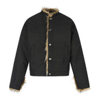 Men's  Casual Padded Jacket Button Closure Fur Trim Stand Collar Loose Fit Short Coat