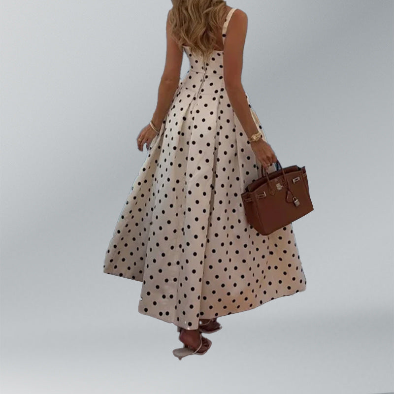 White Polka Dot Belted Strap Long Dress