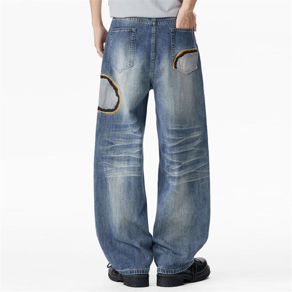 Men's Distressed Faded Wash Denim Jeans with Embroidery Patches - Loose Straight Leg Hip Hop Style