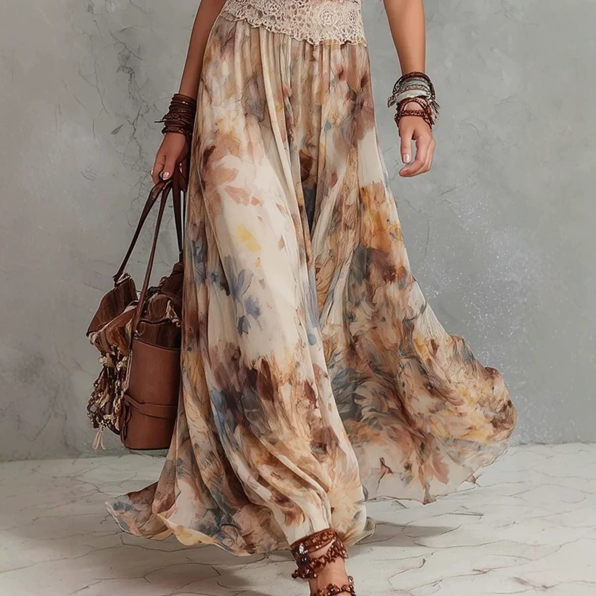 French Vintage Painted Floral Backless Strapless Summer Beach Vacation Long Dress