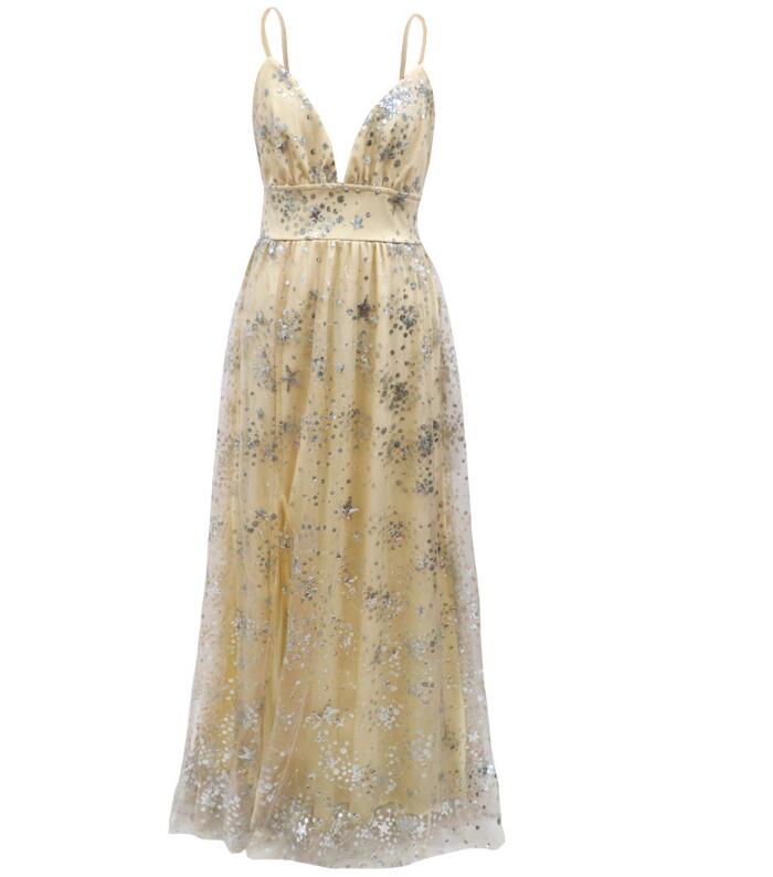 Deep V Suspender Light Yellow Gauze Long Dress