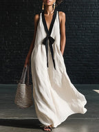 V-neck Strapless Sleeveless Resort-Style Long Simple Elegant Dress